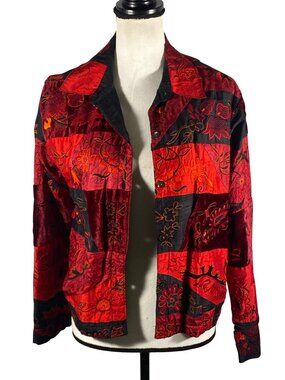 Chicos Design Patchwork Velvet Silk Embroidered Jacket Red & Black Chico’s M